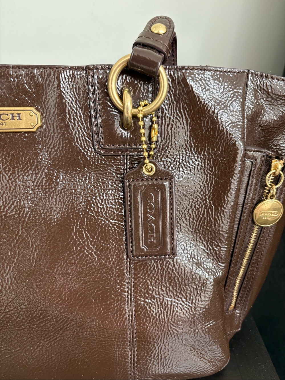 Coach Chocolate Brown Patent Leather Tote with Gold Hardware - Picture 3 of 7